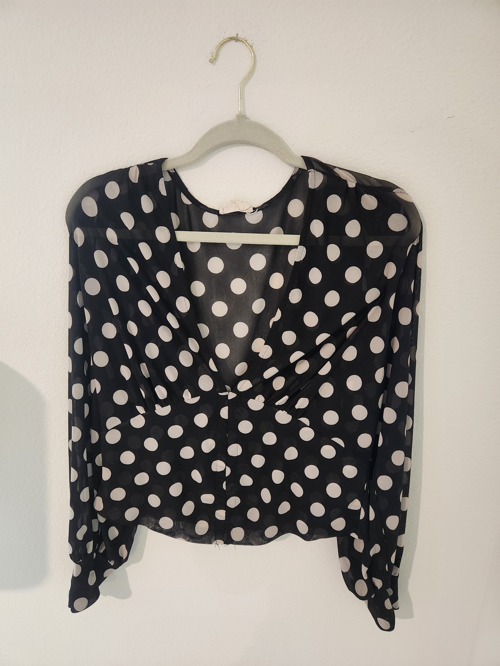 Polka Dot V-Neck Long Sleeve Blouse - Black/White
